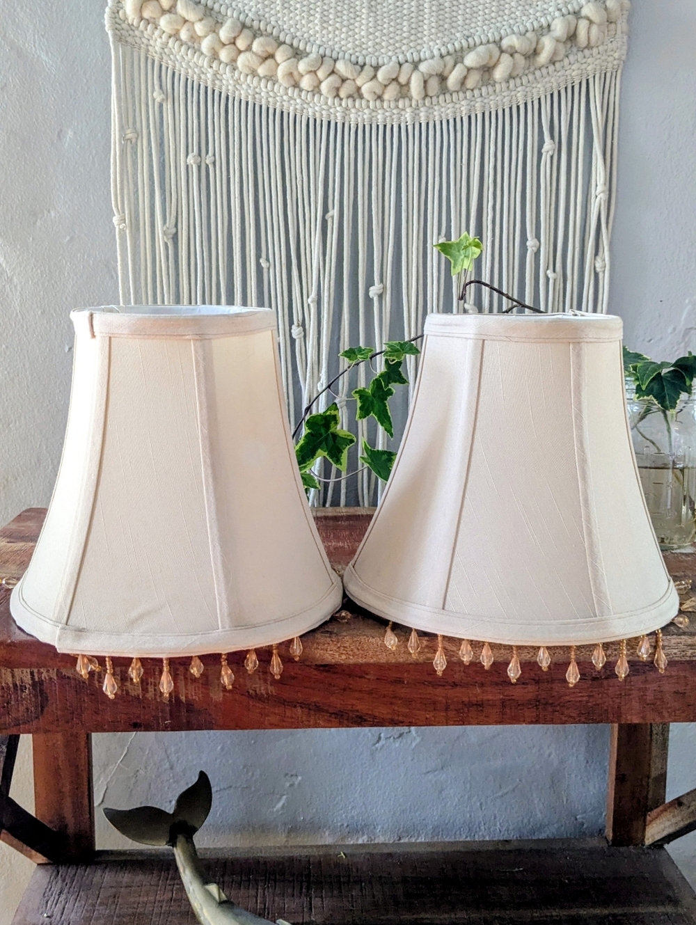 Vintage Pair of Beaded Bell Lamp Shades - Clip-On - Shabby Chic Cream